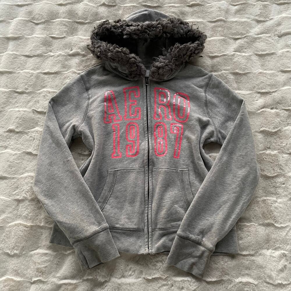 🔥Aeropostale Y2K Faux Fur Hood Sequins Spell Out Full Zip Gray Sweatshirt Sz XL